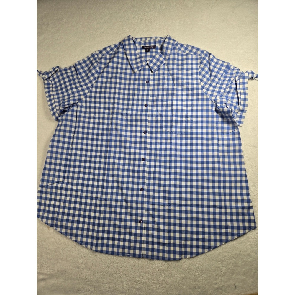 Blue White Gingham Button Up Shirt Plus Size 26W Short Sleeve‎ Collared